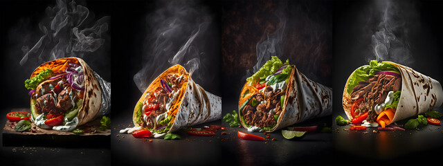 kebab wrap, dark black background, illustration digital generative ai design