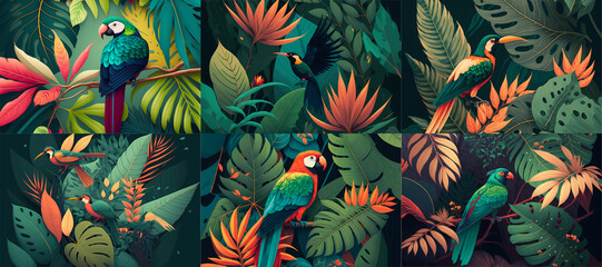 tropical leaves with bird of paradise, jungle background, illustration generative ai design art style