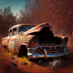 Abandonned rusted car in desert by a sunny day - obrazy, fototapety, plakaty