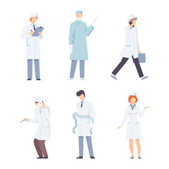 Set of professional doctors in uniform making examination and treatment procedures during work in hospital flat vector illustration