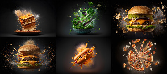 fast food flying exploding , dark background, 3d illustration digital generative ai  - obrazy, fototapety, plakaty