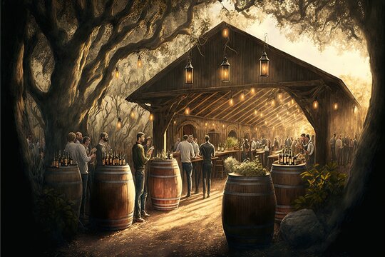  a painting of people standing around a bar in a forest with barrels of wine in front of them and a barn in the background with lights on the roof and on the roof, and.