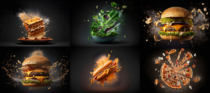 fast food flying exploding , dark background, 3d illustration digital generative ai 