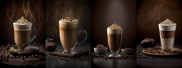 Obraz na płótnie Canvas coffee in a glass, cappuccino, product display, dark background, illustration generative ai 