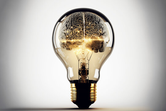 Creative brainstorming mindset concept, energetic human brain in light bulb, creative idea generation, generative AI
