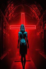 An image of a chamber of horror in a dark urban night club, featuring red neon lights, a beautiful female figure in front of cross, with bare skin, and red liquid on the floor. Generative AI.