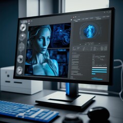 Computer interface with female avatar provides overview of complete health status. Future health technology. Generative AI. Fictional person.