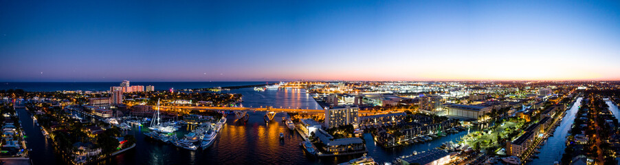 Aerial panoramic photo 17th Street Causeway Bridge Fort Lauderdale at night