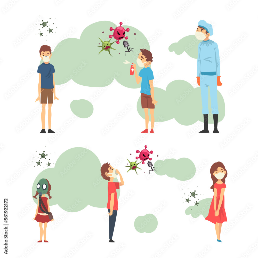 Wall mural Set of people wearing medical masks protecting themselves from virus and bacterias cartoon vector illustration