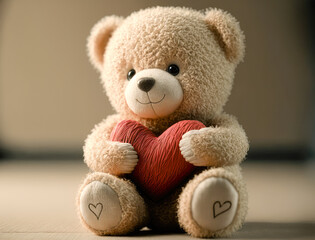 Obraz premium Teddy bear holds a big red heart - illustration - AI Generated