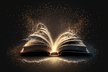  an open book with a glowing light coming out of it on a black background with stars and dust around it, with a black background with a black border with a white border and a.