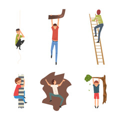 Falling down people set. Male characters falling down from ladder and dropping from altitude cartoon vector illustration