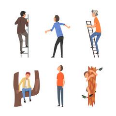 Falling down people set. Male characters falling down from ladder and dropping from altitude cartoon vector illustration isolated on white.