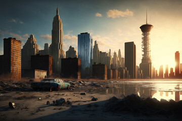 Abandoned New York City in the future. Empty roads and a dystopian atmosphere in a post-apocalyptic NYC. 