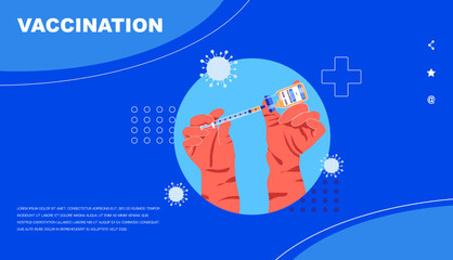 Medical illustration of vaccination with vaccine, injection and calendar with vaccination date. Web illustration with medical concept. World Immunization against flu and covid. Get your flu vaccine.