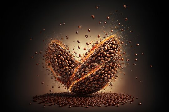  a coffee bean is falling into a pile of coffee beans on a dark background with a splash of coffee beans on the ground and coffee beans in the air, with a splash of coffee.
