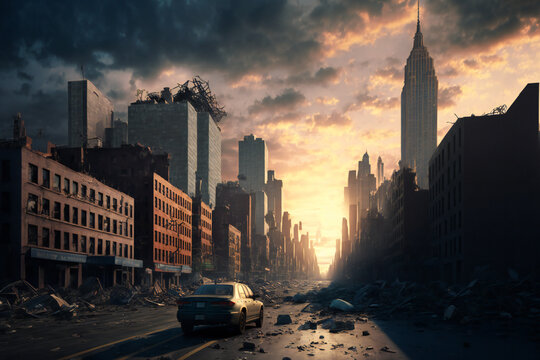 Abandoned New York City in the future. Empty roads and a dystopian atmosphere in a post-apocalyptic NYC. 