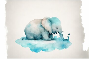  a painting of an elephant sitting on a cloud of watercolors on a white background with a blue border around it and a white background with a white border and blue border. Generated AI