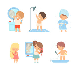 Child morning bathroom routine. Cute kids taking shower, combing hair and brushing teeth cartoon vector illustration