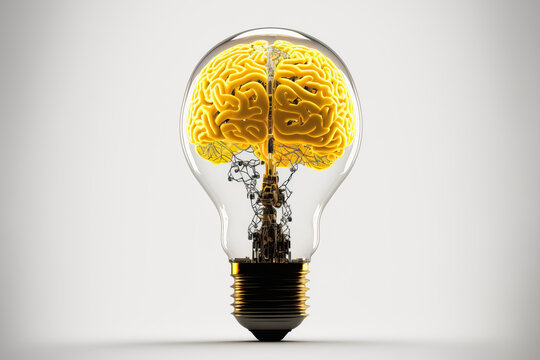 Creative brainstorming mindset concept, energetic human brain in light bulb, creative idea generation, generative AI