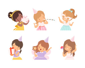 Cute kids in party hats celebrating Birthday set. Boys and girls blowing whistle, holding gift boxes, eating sweets cartoon vector illustration