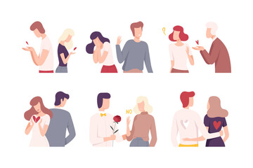 Unrequited love. Loving couples relationships set. People trying to save love flat vector illustration