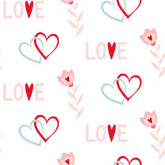 Seamless pattern of love words, intertwined hearts and flowers, on isolated background. Design for celebration Valentine’s Day, wedding, mother’s day. For greeting cards, scrapbooking or home decor.