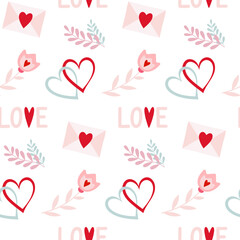 . Seamless pattern of love words, intertwined hearts, love letter and flowers, on isolated background. Design for celebration Valentine’s Day, wedding, mother’s day. For greeting cards or scrapbooking