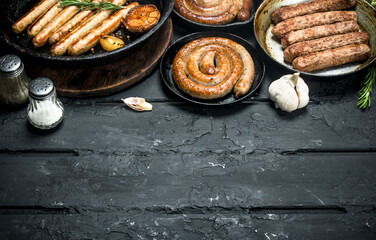 Assortment of different types of fried sausages.