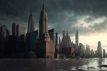 Obraz premium Abandoned New York City in the future. Empty roads and a dystopian atmosphere in a post-apocalyptic NYC. 