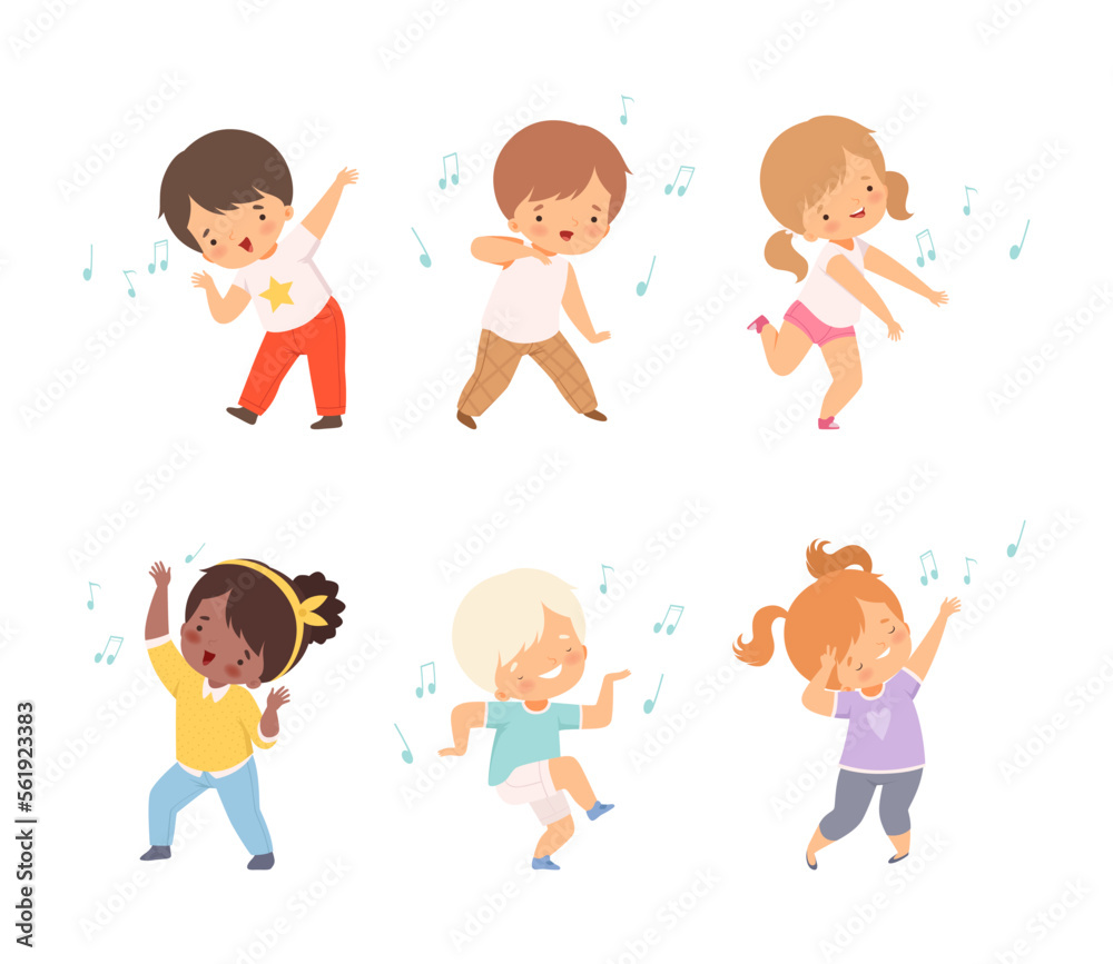 Wall mural set of cute boys and girls dancing and happily jumping cartoon vector illustration