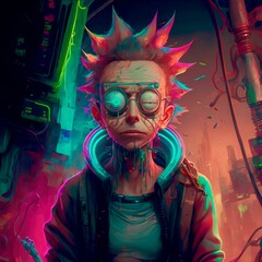 A mad scientist in the cyberpunk universe created with Generative AI technology 