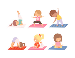 Set of little boys and girls practicing different asanas. Early development and healthy lifestyle cartoon vector illustration