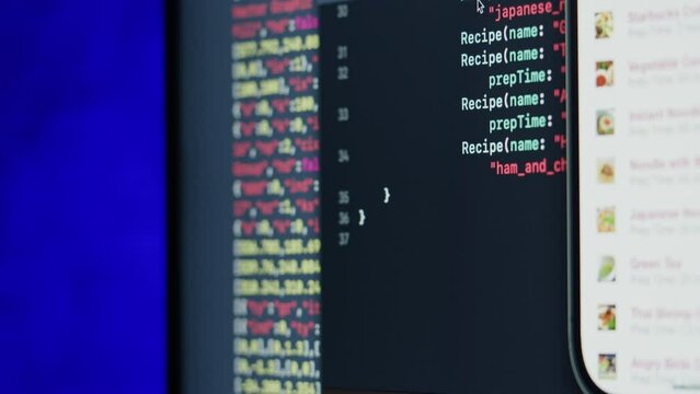 Coding UX UI script text on screen, HTML5 in editor for website development, Close up Macro of Programming code software developer. 