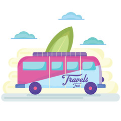 Van with a surfboard Colored pastry travel poster Vector