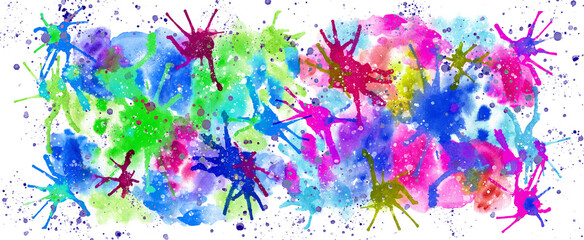 Obraz na płótnie Canvas Colorful watercolor fireworks on a long white background. Abstract festive watercolor background. Illustration.