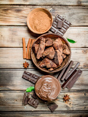 Chunks of crushed chocolate with chocolate paste and ground cocoa.