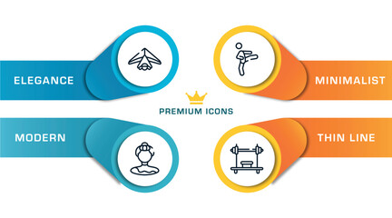 gym equipment outline icons with infographic template. thin line icons such as hang gliding, gymnast, kicking, bench press vector.