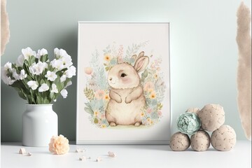  a picture of a bunny with flowers and eggs on a table next to a vase with flowers and eggs on it and a vase with flowers in the background with a pastel background of. Generative AI 