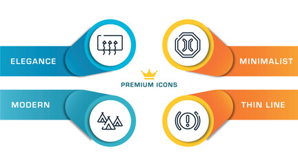 car dashboard signals outline icons with infographic template. thin line icons such as rear window defrost, indian village, narrow bridge, brake system warning vector.