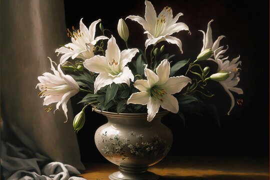  a painting of white flowers in a vase on a table top with a curtain behind it and a cloth on the floor behind it, and a black background, with a white cloth,. Generative AI 