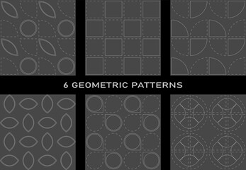 A set of 6 geometric seamless patterns made in the same style. Dark gray background, silver lines, geometric shapes and minimalism.