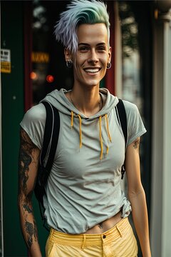 Young non binary person in the street, tomboy with tattoos outside in the city, generative ai, happy young stylish person