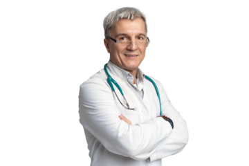 A doctor with glasses in a medical gown on a transparent background.