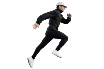 Fotobehang Full-length shot of a man in sportswear running in isolation on a transparent background © muse studio