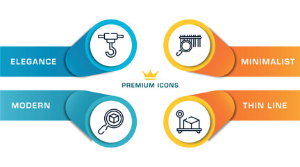 lineal logistic outline icons with infographic template. thin line icons such as container hanging, delivery search, barcode scan, box weight vector.