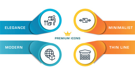 lineal logistic outline icons with infographic template. thin line icons such as lift up, worldwide delivery, use clamps, piles stored vector.