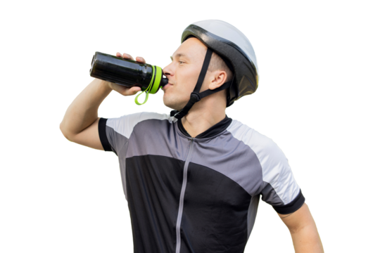 A male athlete with a bottle of water drinking a cyclist, on a transparent background. - Powered by Adobe