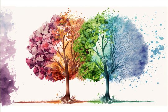  a painting of three trees with different colors of leaves on them, one of which is a blue, green, and pink tree with a white background of blue and pink watercolor spots. Generated AI