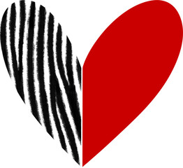 Hand drawn heart shape splitted into red part and Zebra pattern stripes one